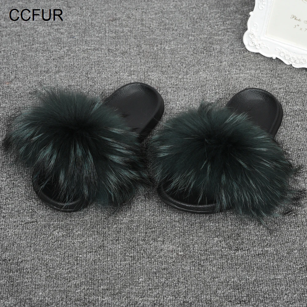 CCFUR Racoon/меховые тапочки; женские шлепанцы с натуральным мехом; модные домашние шлепанцы с пушистым мехом; много цветов; S6045E