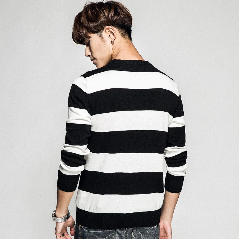 O-Neck Men Knitted Pullover Woolen Sweater Korean Style Mens Long Sleeve Striped Designer | Мужская одежда