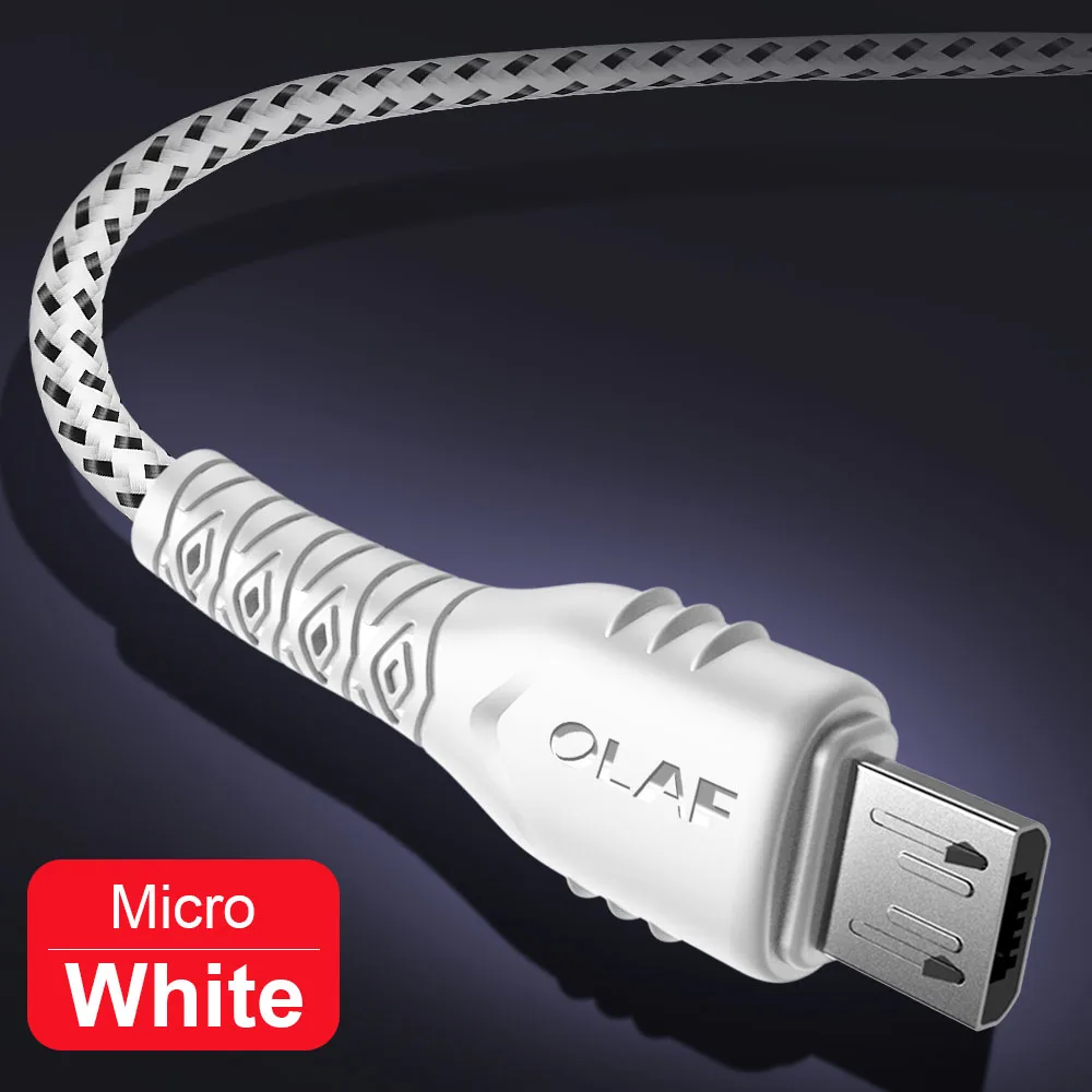 White Олаф нейлоновый плетеный кабель Micro USB 2.4A кабель для быстрой зарядки 1 м 2 м 3 м для samsung huawei Xiaomi Android провод для мобильного телефона - Цвет: White
