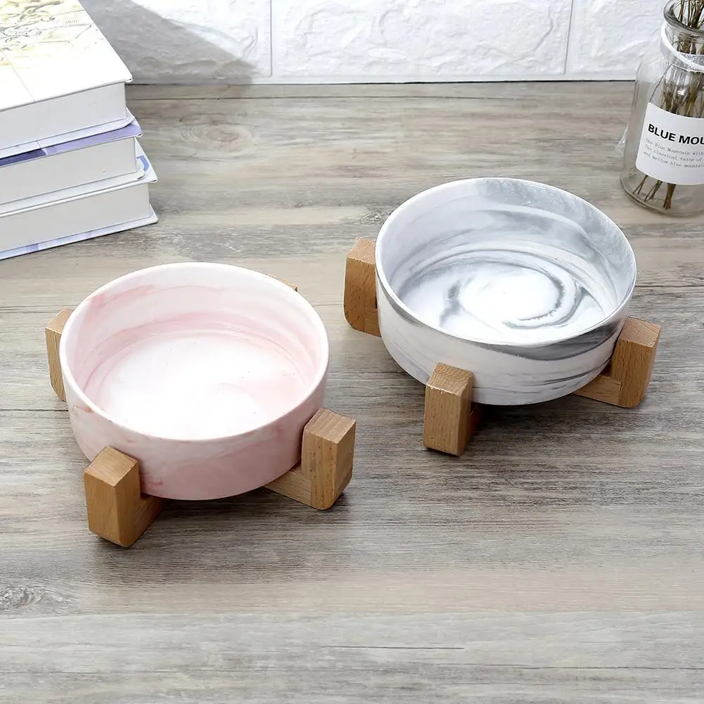 Керамическая миска HiMISS Marbling с деревянной стойкой для еды домашних животных
