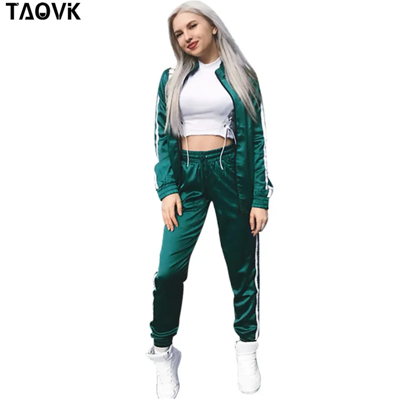 Женские лоскутные костюмы в полоску TAOVK, шелковый костюм с длинным рукавом, куртка на молнии и длинные брюки, комплект из 2 предметов
