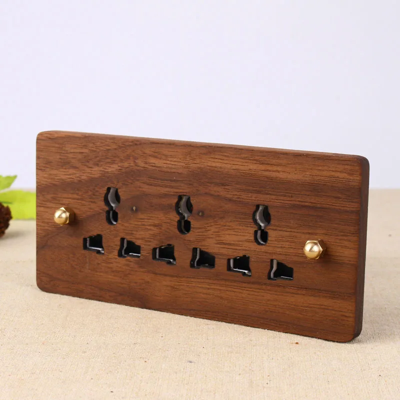 Black Walnut Wood Ручная работа, настенная розетка, тройная, 3 отверстия, универсальная, стандартная, европейская, ретро, 10А, 110-250 В, деревянная панель, латунный рычаг, 154*75 мм - Цвет: Black Walnut Wood