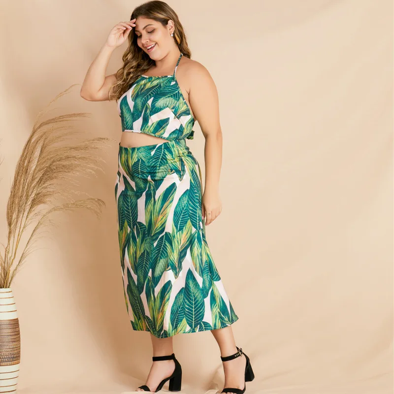 Женский комплект из двух предметов размера плюс летний короткий топ и юбка с