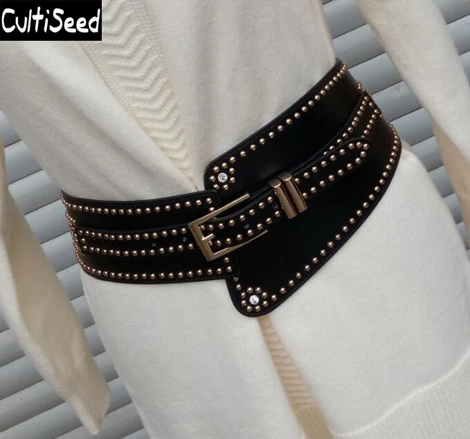 

Fashion Metal Decoration Wide Belt Women Rivet PU Leather Cummerbund All-match Waist Belt