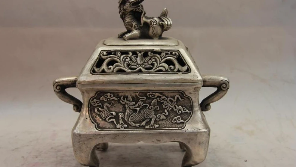 

China White Copper Silver kylin unicorn Foo Dog Lion Incense Burner Censer
