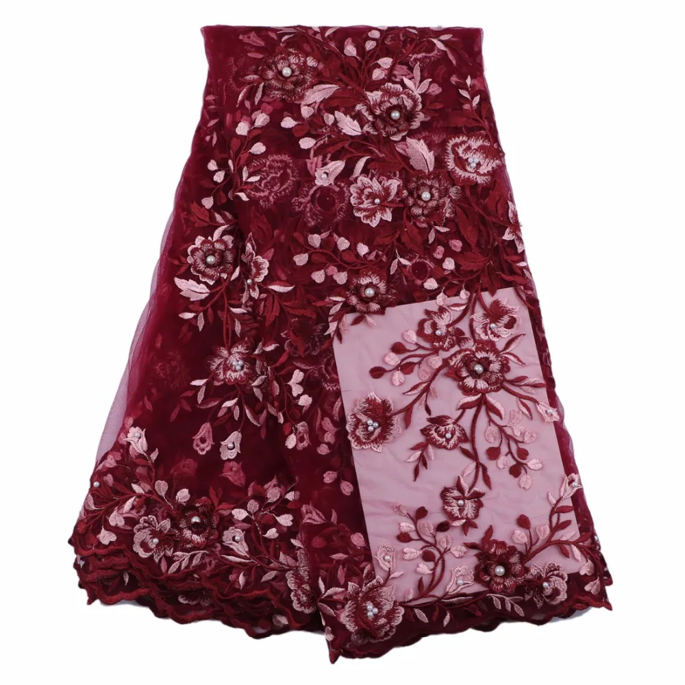 Maroon 3d french lace fabric with flowers&ampstones&ampbeads 5yards/pcs for sewing african evening party derss patchwork Oct-16-2017 | Дом и
