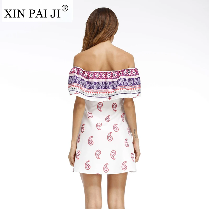 XIN PAI JI New 2017 Vintage Printed Beach Summer Dress Women Slash neck Casual Zipper Off Shoulder A Line Mini | Женская одежда