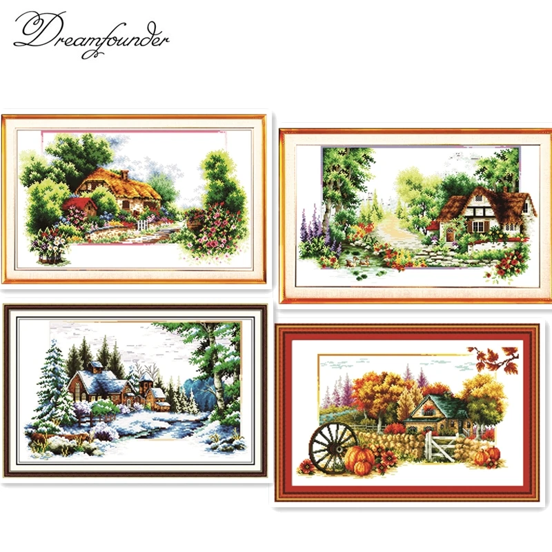 

Spring summer 4 seasons cross stitch kit lanscape stamped 18ct 14ct 11ct hand embroidery DIY handmade needlework supplies bag