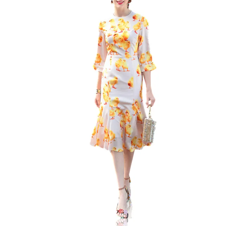 2018 vestido de festa осеннее платье с круглым вырезом и принтом в виде листьев лотоса