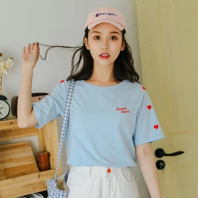 blue Harajuku футболка женская летняя хлопковая вышитая Футболка с сердечком в консервативном стиле Повседневная Корейская одежда с круглым вырезом Kawaii Топы Tumblr - Цвет: blue