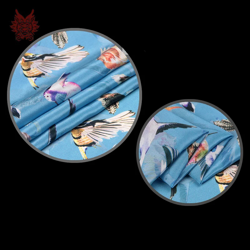 Весна Лето 100% шелк крепдешин ткань для платья Белый Синий прекрасная птица