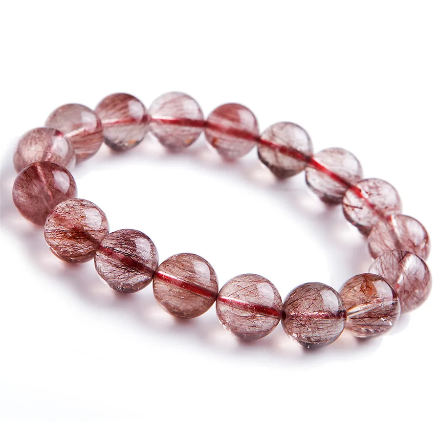 

12mm Natural Genuine Red Rutilated Quartz Crystal Clear Round Bead Stretch Charm Bracelet Femme