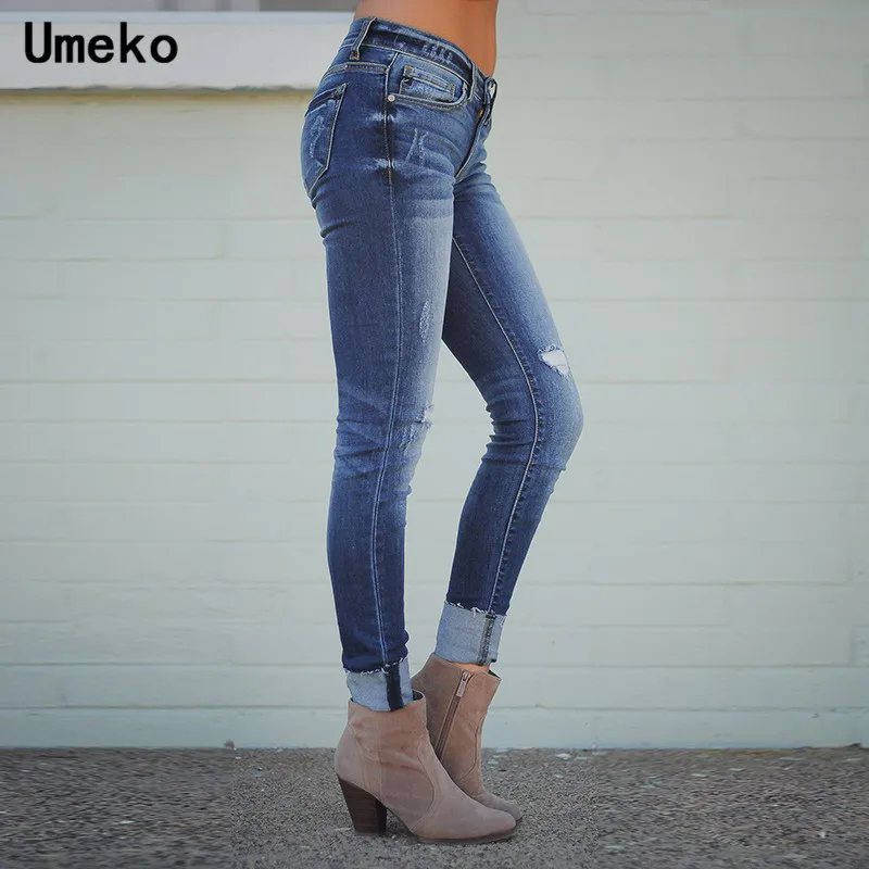 Женские узкие джинсы Umeko синие потертые с высокой талией модные длинные брюки