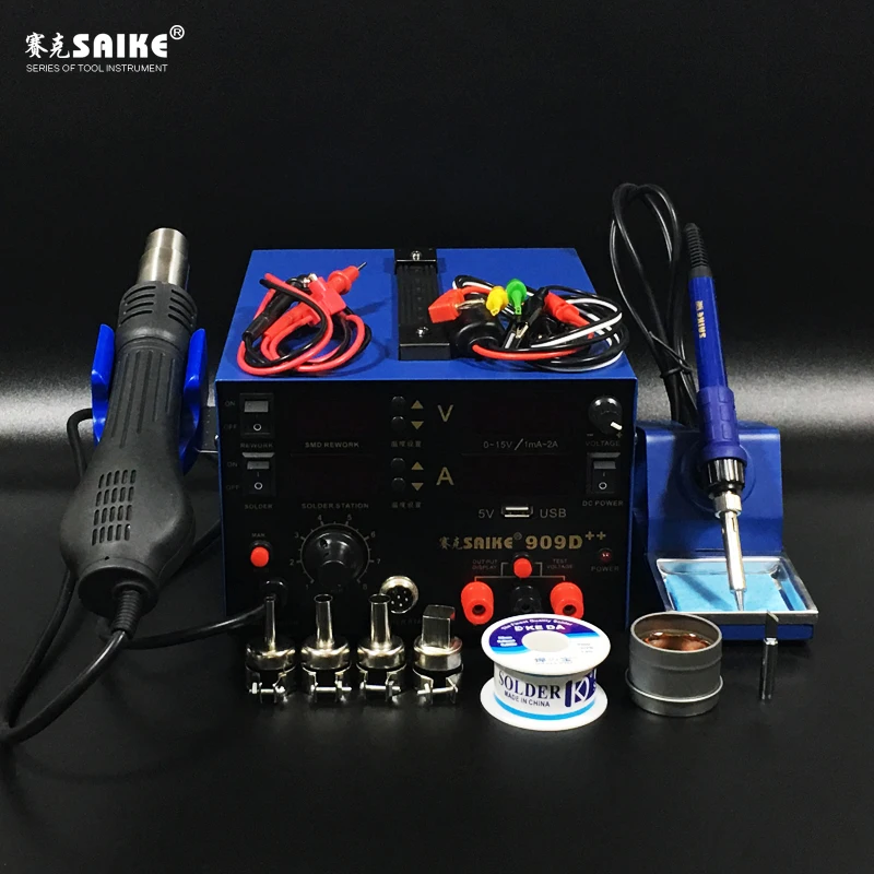 3 in1 SAIKE 909D++ горячий воздух паяльная станция De паяльная станция постоянного тока Регулируемый источник питания 15 V 2A
