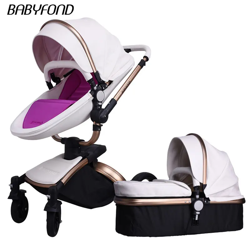 White C Babyfond кожа(полиуретан) 2 в 1 Бесплатный вращающихся сидения-люльки детская коляска PU двухсторонние коляски с амортизаторами, детская коляска для младенца тележка бесплатные подарки - Цвет: White C