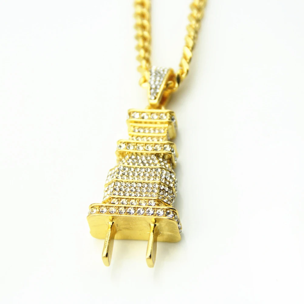 Iced Out Bling Plug Pendant Necklace Gold Silver Color Charm Micro Pave Full Rhinestone Hip Hop Jewelry | Украшения и аксессуары