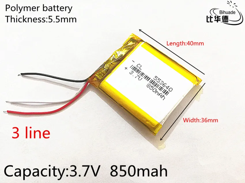 

3 line 3.7V 850mAh 553640 Lithium Polymer Li-Po li ion Rechargeable Battery cells For Mp3 MP4 MP5 GPS mobile bluetooth