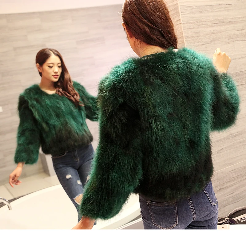Women coat Real Knitted Raccoon Fur Women's Coat Short Paragraph Slim Natural Fur Jacket Casual style