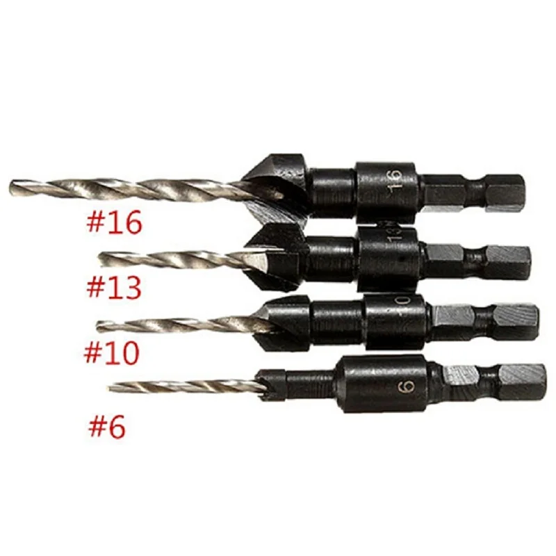 Новый 4 Шт. HSS Зенковки Сверло Указан Quick Change Шестигранным Хвостовиком Винт #6 #10 #13