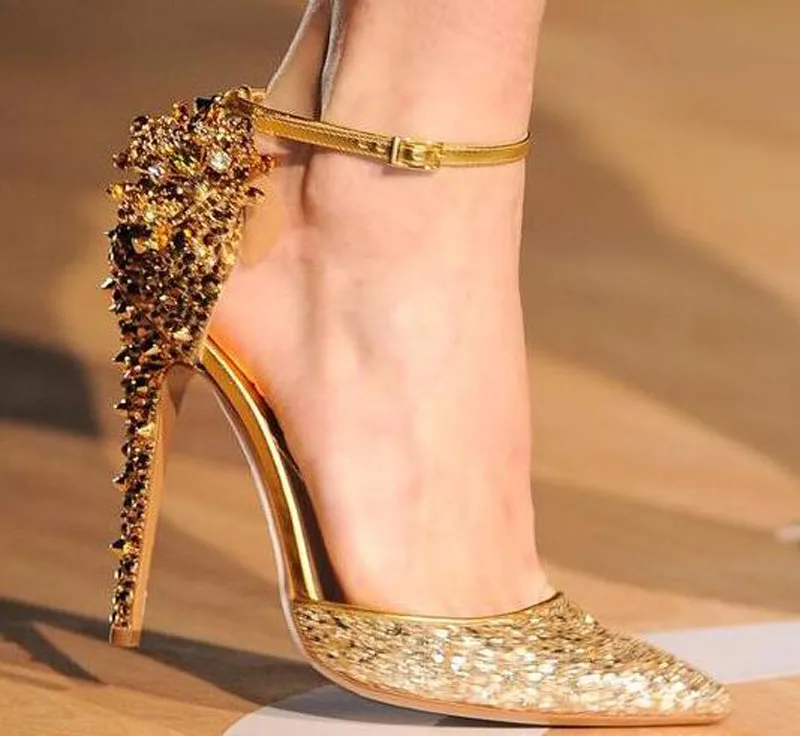 

New Design Women Fashion Pointed Toe Sequined Ankle Strap Spike Pumps Back Rivet Rhinestone High Heels Dress Wedding Shoes