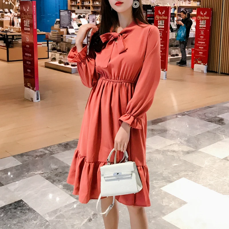 Trytree лето осень повседневное одноцветное 4 цвета платье женские платья с бантом