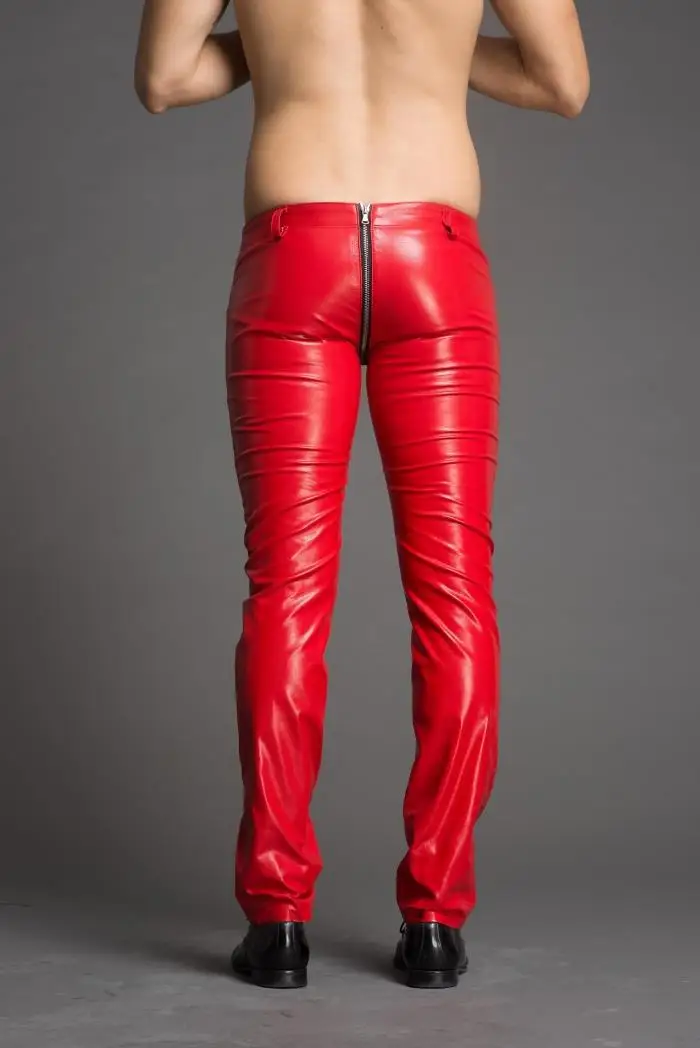 Мужские облегающие брюки модные красные и черные кожаные на молнии большого
