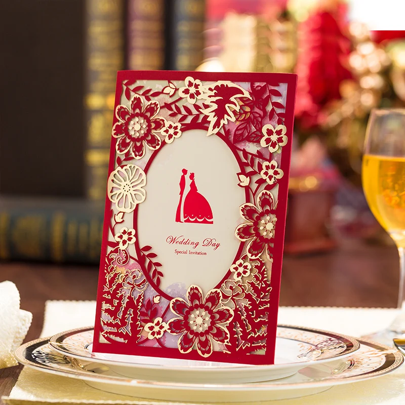 50 шт. золотисто красные Пригласительные открытки с цветами лазерной резки