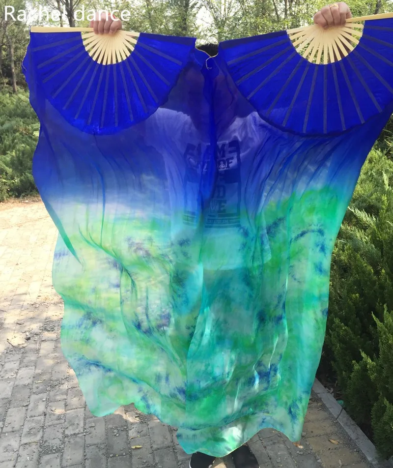 

Arrival Tie-dyed Belly Dance Fan Veils for Women/Girls 180cm long 100% real Natural silk Fans for Dancing free shipping A pair