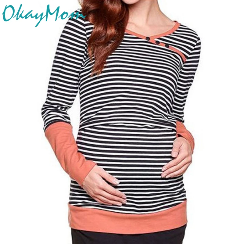 Хлопковые рубашки OkayMom для кормящих матерей синие полосатые топы с длинным