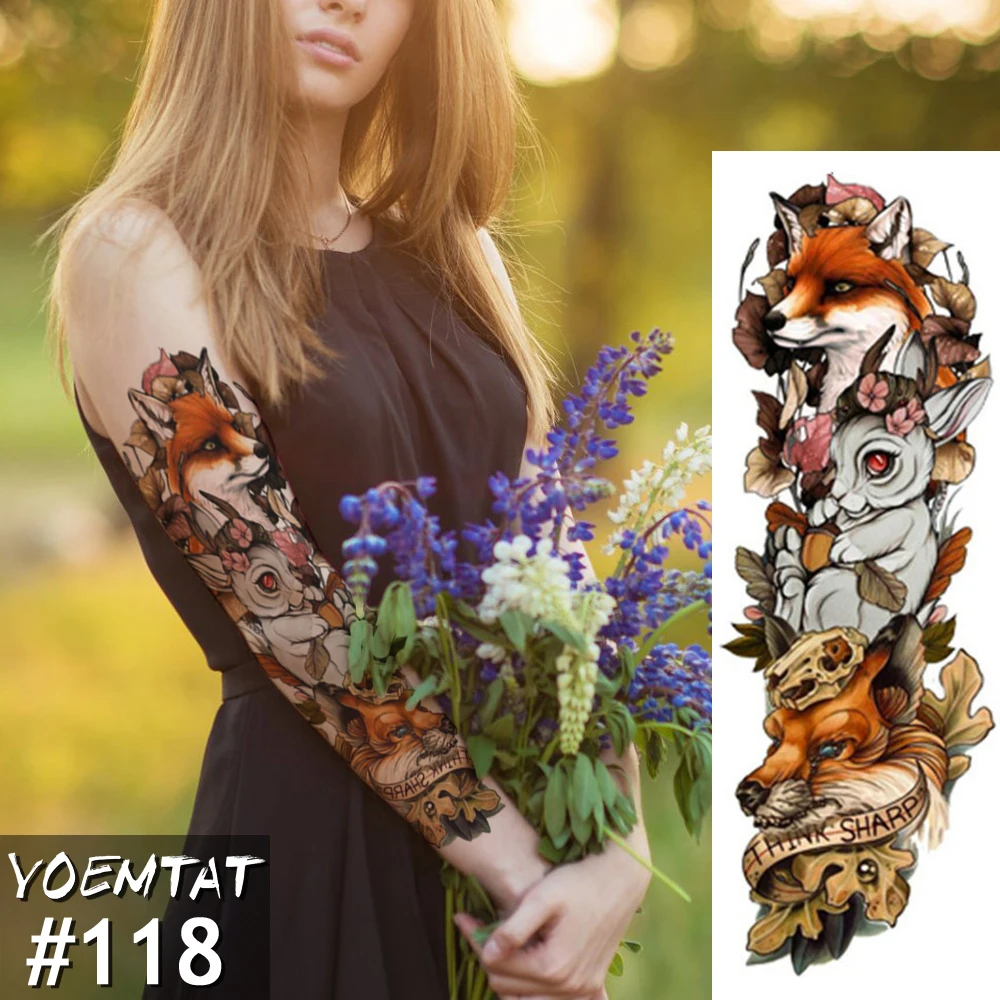 

New 1 Piece Temporary Tattoo Sticker Fox Rabbit Full Flower Tattoo with Arm Body Art Big Large Fake Tattoo Sticker