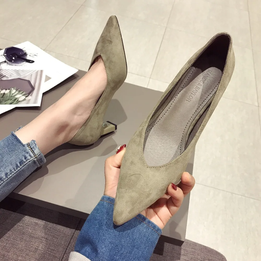 

High heels single shoes pointed sheep suede shallow mouth ladies shoes leather sleeves casual shoes Luxury ladies shoes