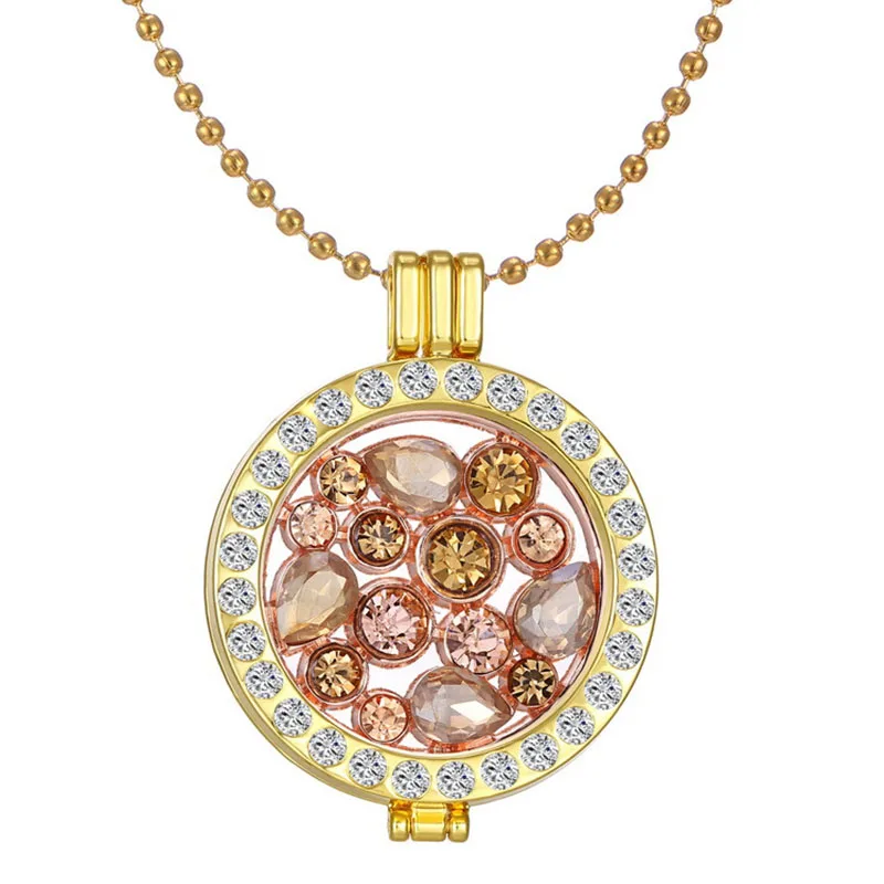 BELLE NOEL Top Quality My Coin 33mm Lockets Sets 2mm Beads Chain Necklace with Big Crystal Stone Rose Gold Color Pendant 16L037 | Украшения