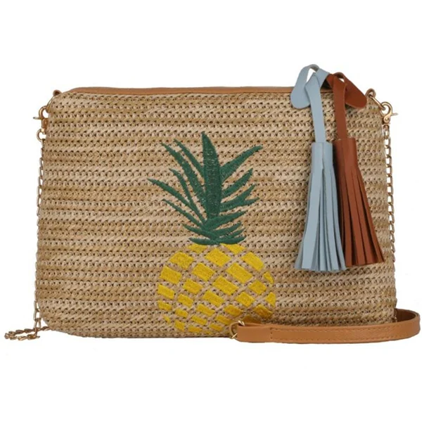 pineapple Модная вышитая Женская Плетеный соломенный мешок, повседневные сумки через плечо, сумки с кисточками для девушек, Дамская дорожная сумка через плечо - Цвет: pineapple