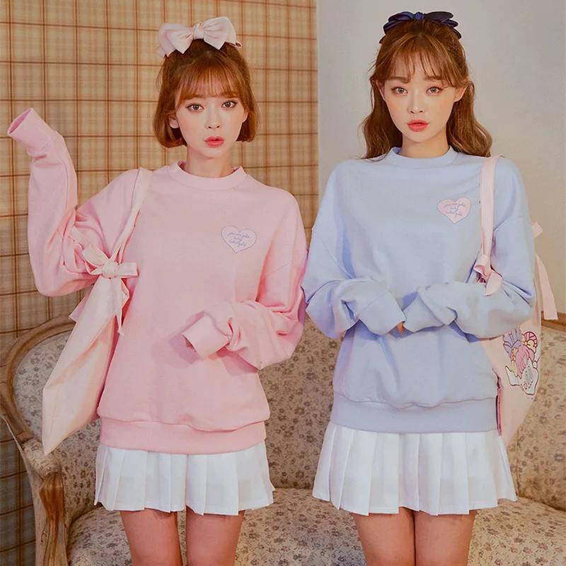 Harajuku Kawaii Свободные сестры Женская толстовка; осень в Корейском стиле; модная одежда с принтом в виде надписи «Love» розовый синий свитшот Топы школьница M158