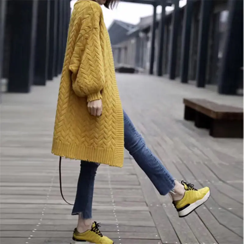 Korean Twist Long Sweater Jacket Women Knit Cardigan Woman Loose Lantern Sleeves Knitting Coat Thick Spring blusa de croche f225 |