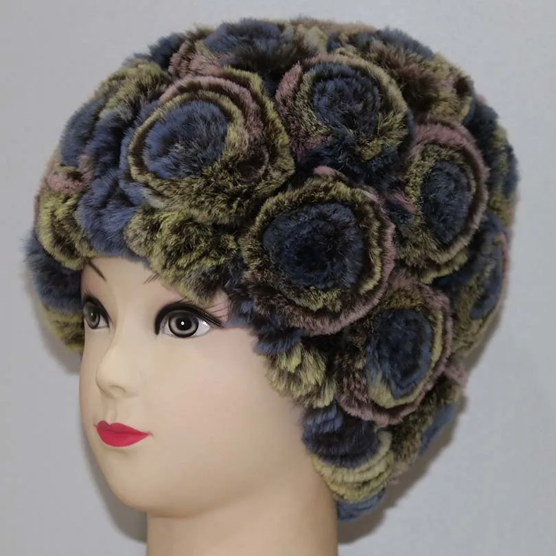 Женская вязаная шапка из натурального меха кролика Rex теплая цельного с