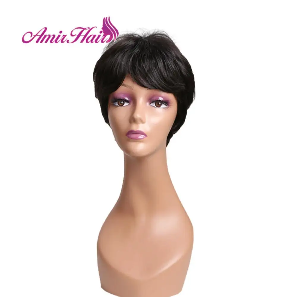 AmirHair короткие прямые черные Искусственные парики с бесплатной боковой челкой