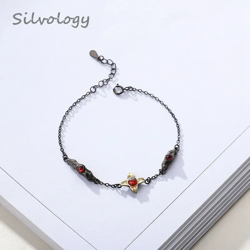 Silvology 925 пробы Серебряный натуральный гранат цветок браслеты оригинальные офисные браслеты для женщин студентов Ювелирное Украшение на день рождения