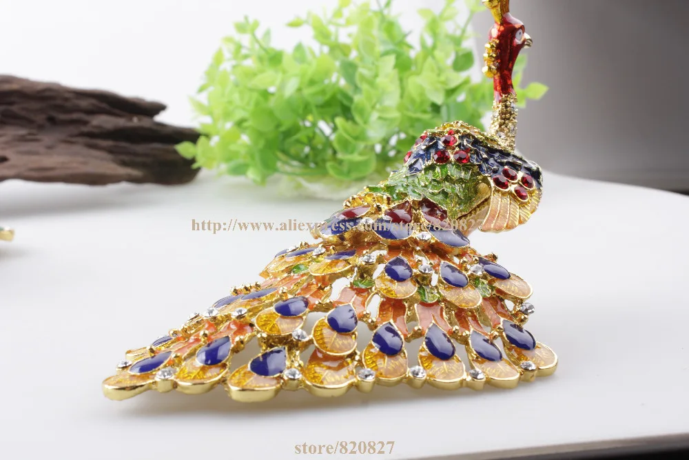 Nature Keepsake Box, Trinket Box, Painted, Blue, Yellow and Green Peacock Trinket Box Peacock Jeweled Enamel Metal Display Box