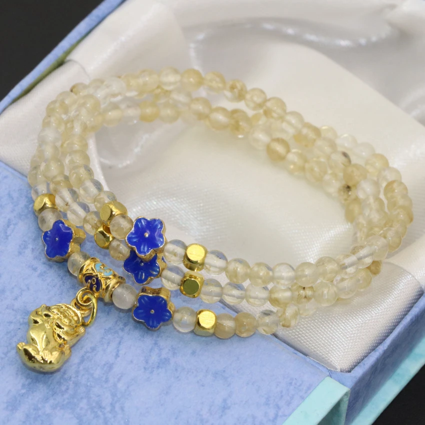 

Yellow watermelon quartz 4mm round beads long chain multilayer bracelets women hot sale cloisonne 3rows jewelry 7.5inch B2780