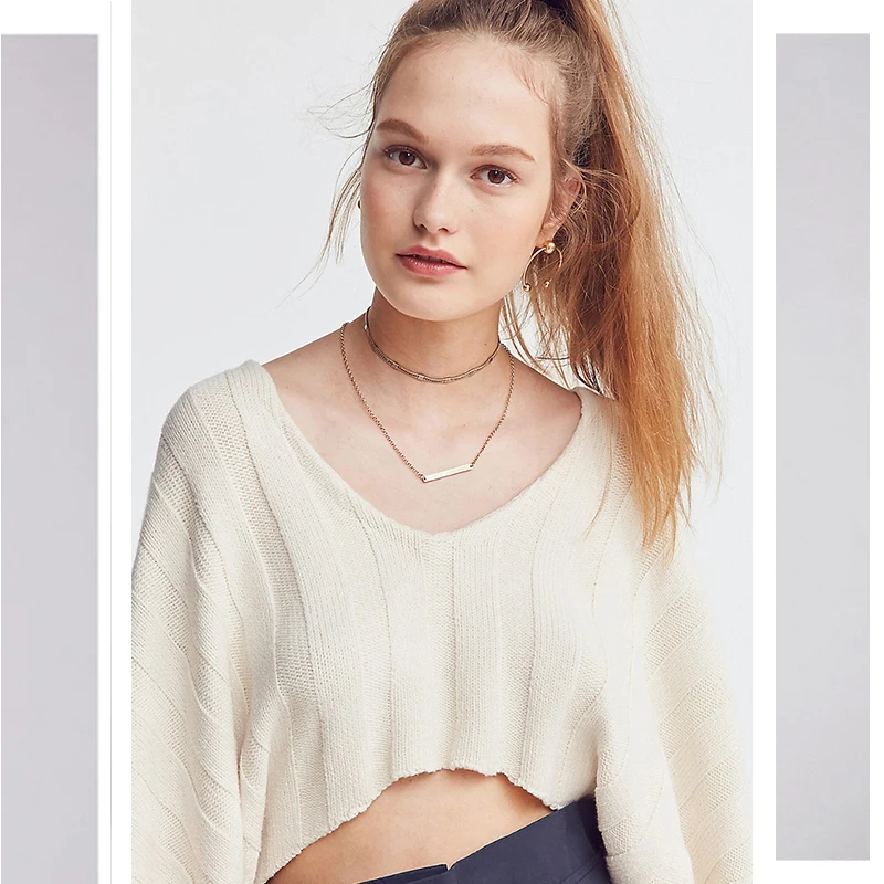 Women Solid Beige Big V Neck Crop Sweater Batwing Sleeve Loose 2022 Winter New Lady Sexy Character Knitwear Femme Knitted Top | Женская