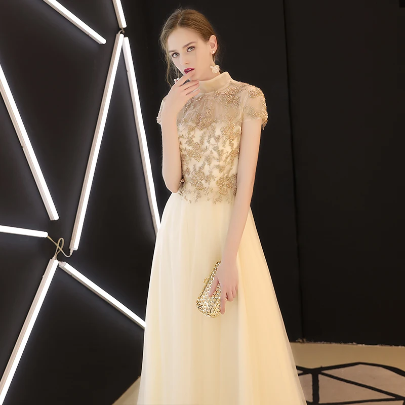 Женское вечернее платье SSYFashion элегантное банкетное цвета шампанского кружевные