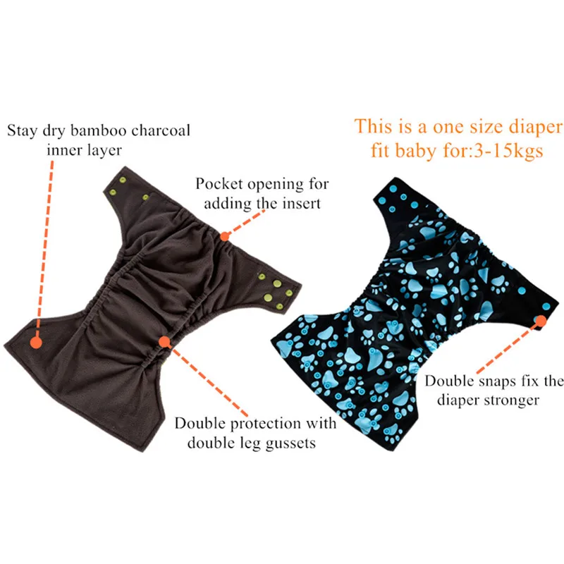 

[simfamily] 1PC Reusable Bamboo Charcoal Cloth Diaper Waterproof One Size Pocket Diaper Double Gussets Charcoal Nappy Wholesale