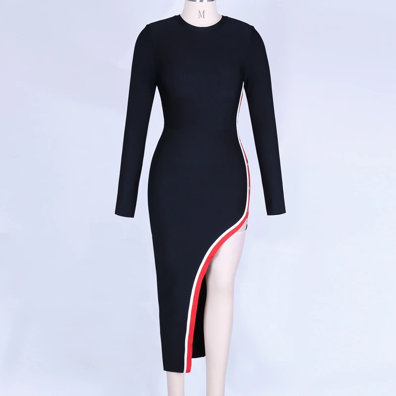 Ocstrade, Vestidos, Бандажное платье,, вискоза, новая мода, женское миди Бандажное платье, сексуальное, черное, с длинным рукавом, облегающее платье, Клубные, вечерние