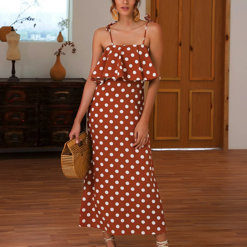 Женское летнее платье с открытыми плечами и принтом в горошек богемное