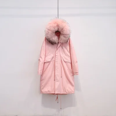Pink pink fur Пальто с енотовым мехом, гусиное перо, длинное женское белое пуховое пальто, зимняя куртка размера плюс, военная парка с капюшоном, верхняя одежда Okd317 - Цвет: Pink pink fur