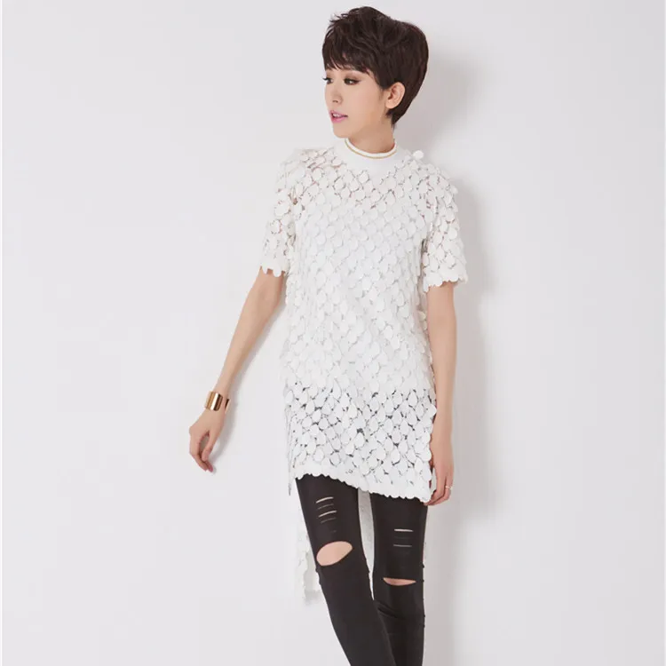 Asymsay 2017 Европейская мода новый летний белый черный Кружевная футболка короткий