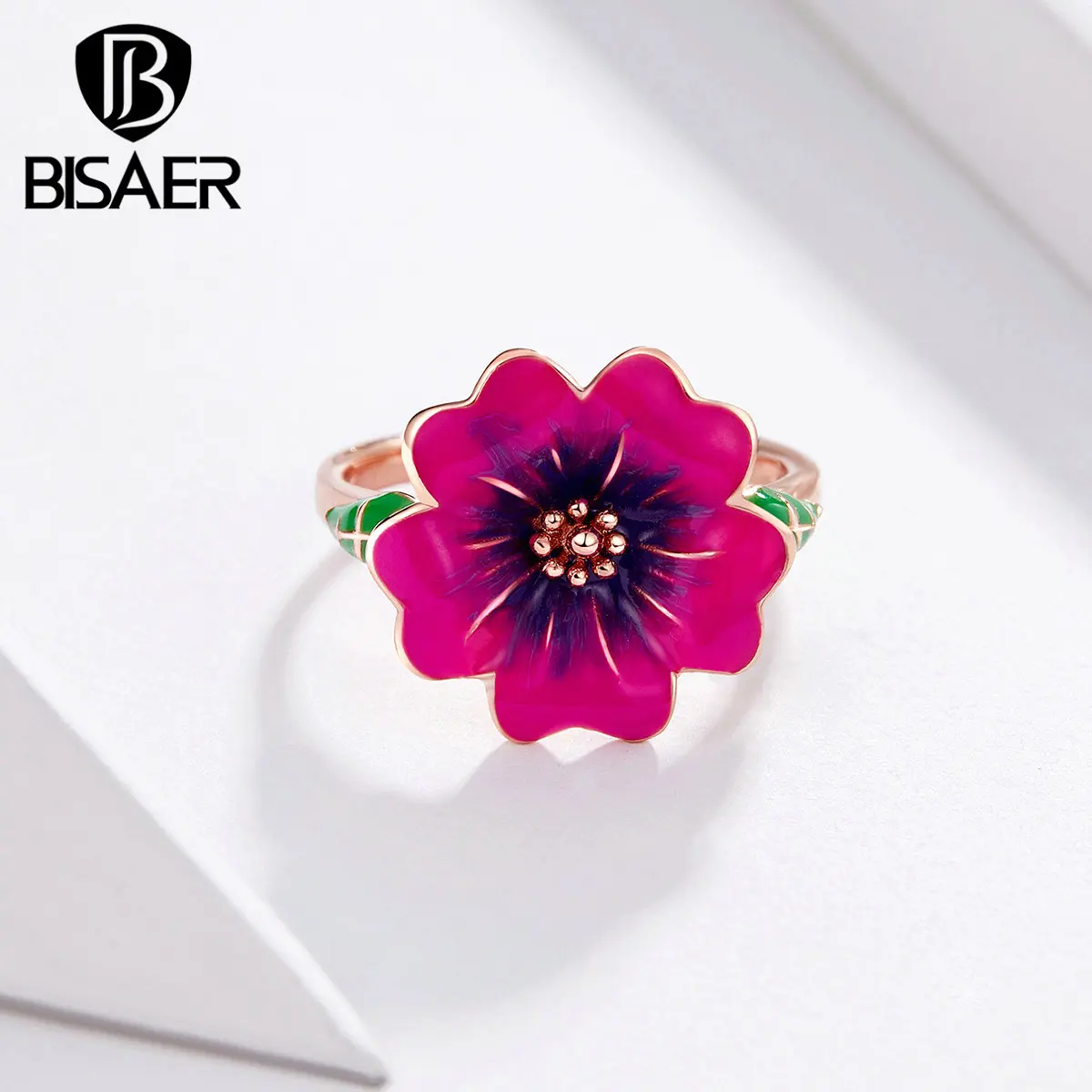 BISAER, модное розовое кольцо, большие розовые эмалированные Цветы, кольца на палец для женщин, гипербола, красочные эмалированные вечерние кольца, ювелирные изделия EHR001