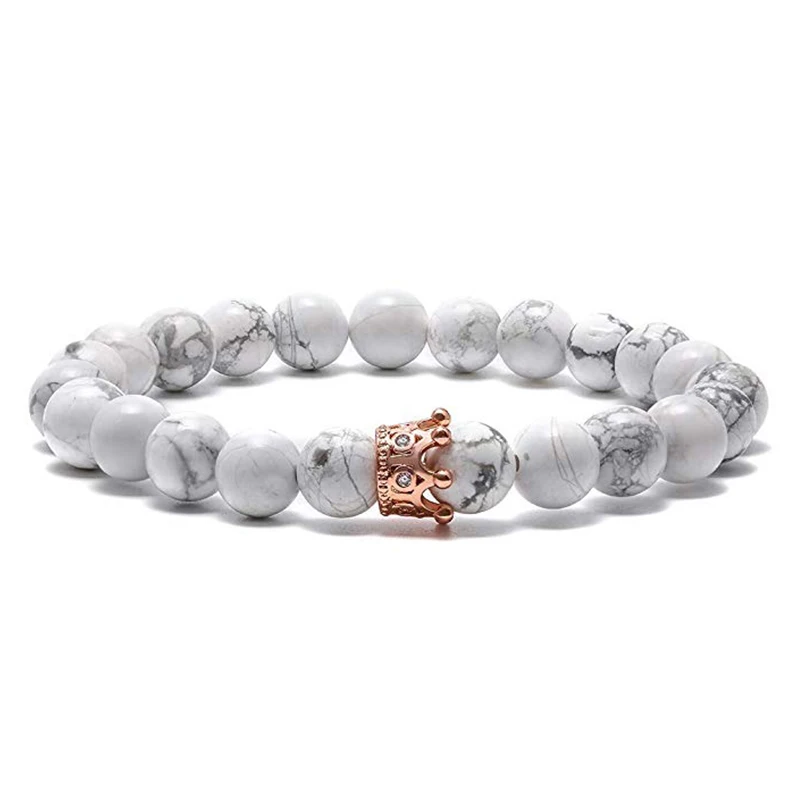 HIYONG король и королева Корона расстояние Пара Браслеты матовые Агаты Белый Howlite CZ Корона 8 мм бусины браслет натуральный камень ювелирные изделия - Окраска металла: Золотой цвет