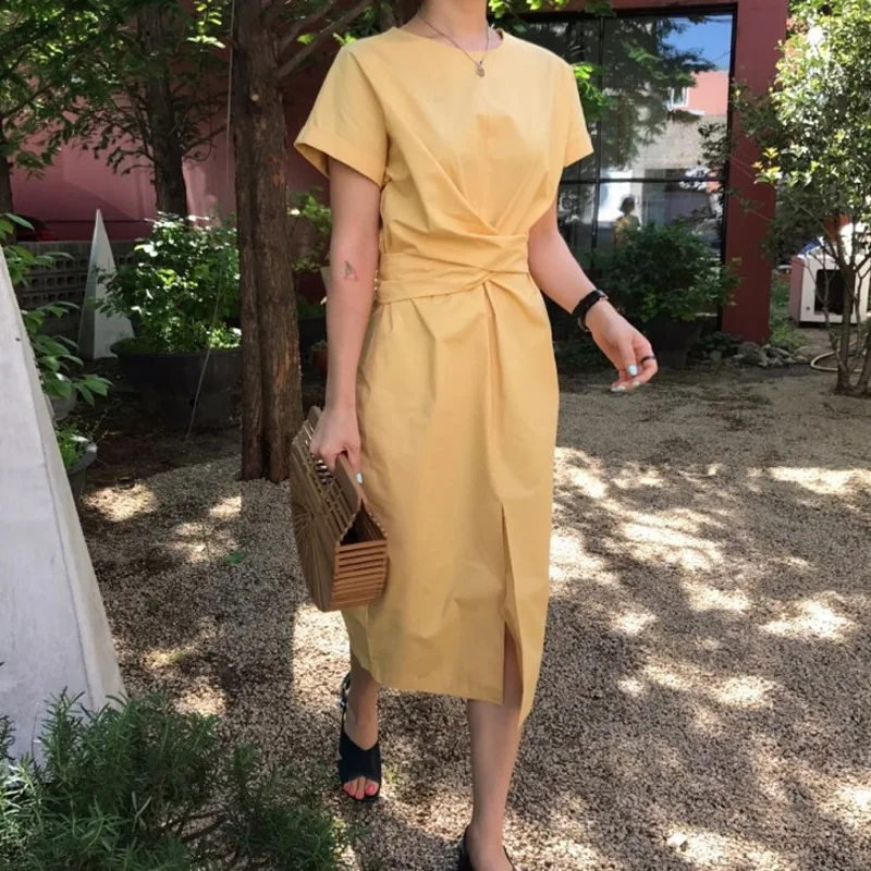 

Summer New Solid Color Loose Round Neck Natural Waist Vintage Split The Fork Fashion Women Dress